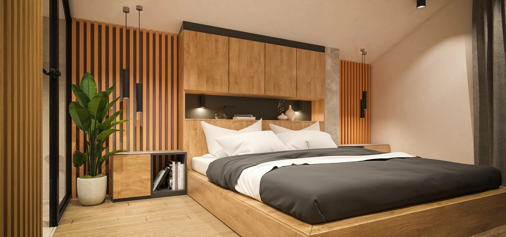 drewniane elementy na ścianie w sypialni